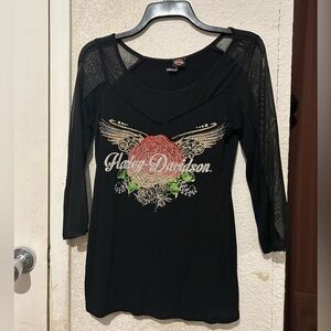 Harley Davidson Black Mesh Sleeve Top